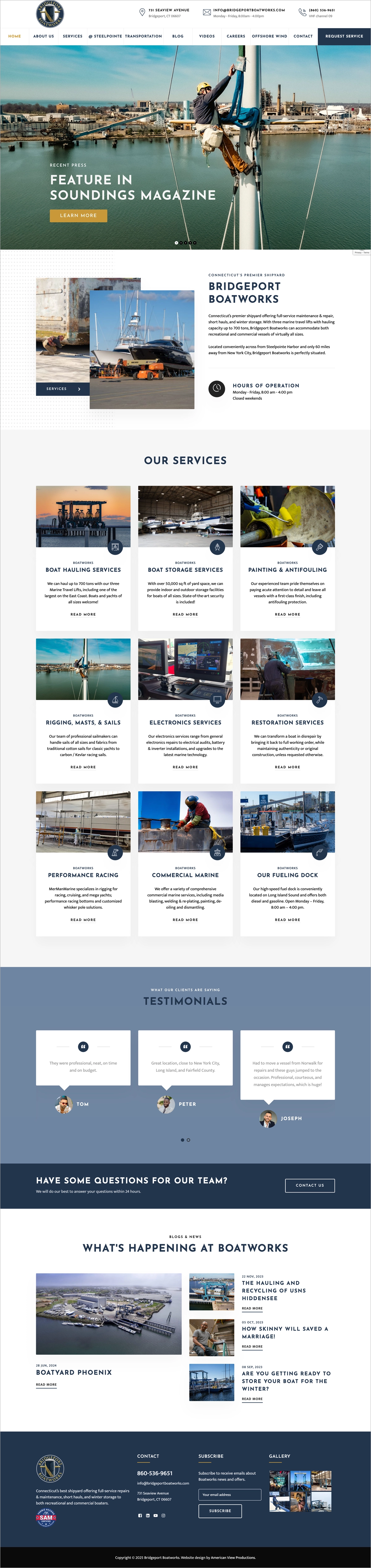 AVP client web design home page. Bridgeport Boatworks. bridgeport ct