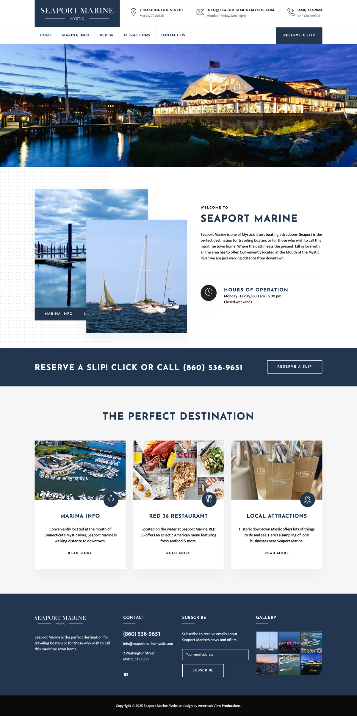 AVP Client web design home page. seaport marine mystic ct