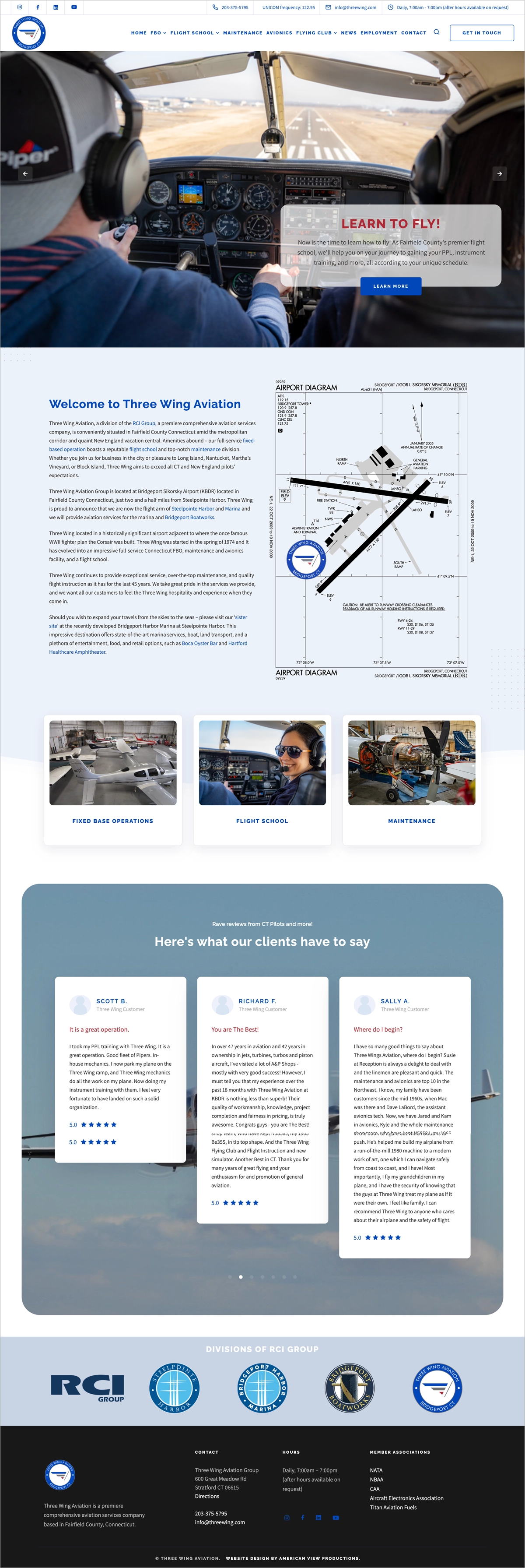 American View Productions Client web design home page. Three Wing Aviation Stratford CT